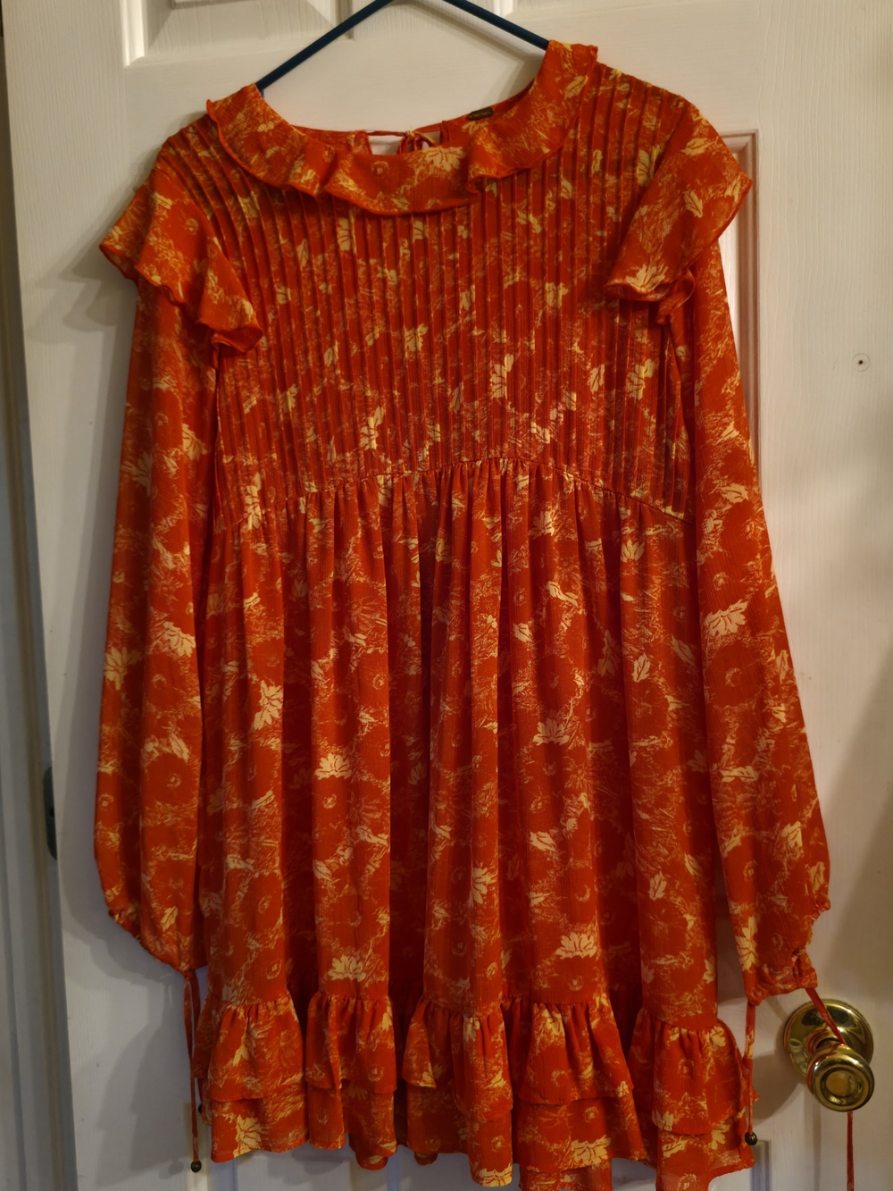 Free People  Red & Gold Floral Long-Sleeve Ruffle Dress